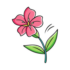Pink cartoon flower with green leaves on black