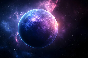 A vibrant, otherworldly planet glows within a nebula of cosmic dust.