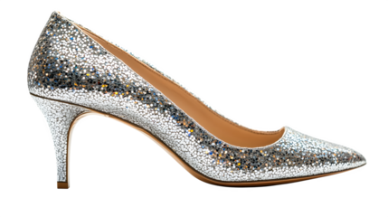 Sparkling silver high heel shoes, isolated on white background