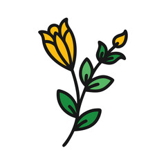 Stylized Yellow Flower with Green Leaves Isolated on Black