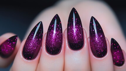 Glamorous, pointed acrylic nails with a vibrant ombre design.