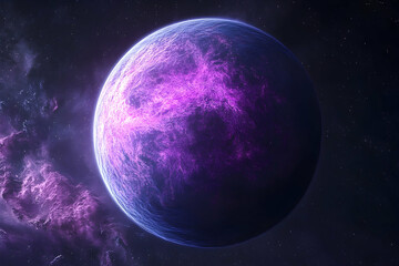 Purple planet glows intensely in deep space.