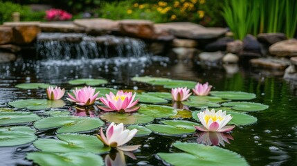 Serene Water Lily Pond with Cascading Waterfall