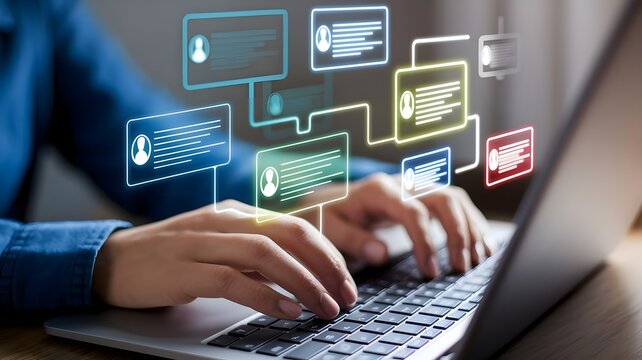 Businessman messaging team with using laptop computer. Collaboration platform. Employee communication and knowledge sharing on discussion forums in internal social network.	
