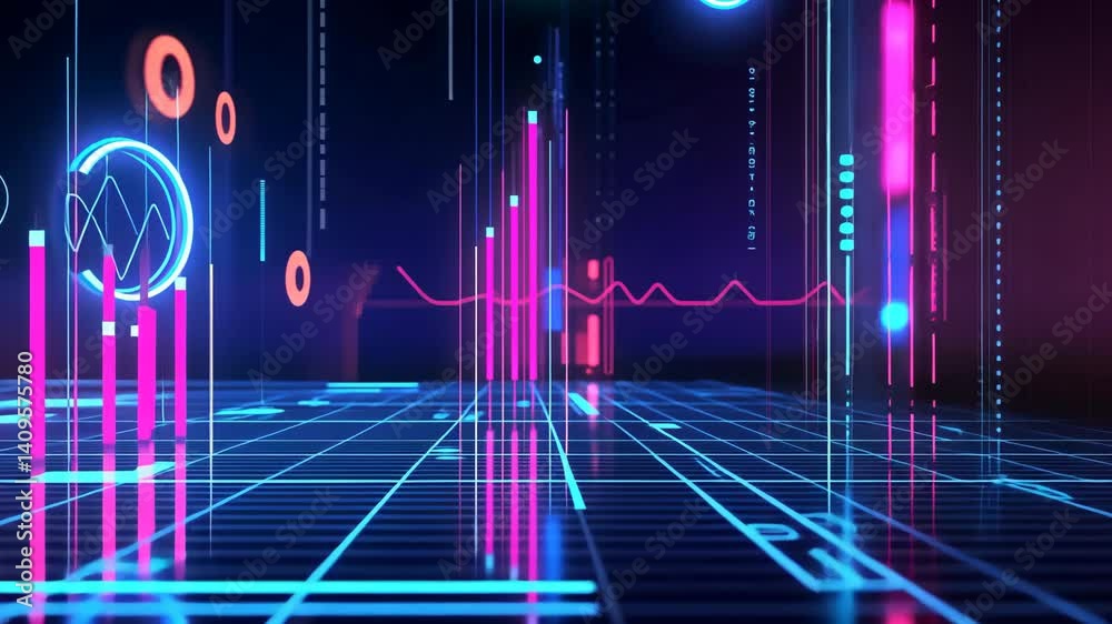 Poster futuristic digital data visualization with neon lights.