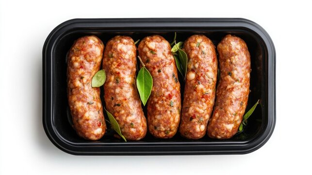 Fresh uncooked sausages arranged in a black tray with green bay leaves on a clean surface highlighting the raw ingredients and meat preparation process