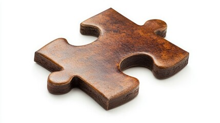 Fototapeta premium Single brown wooden jigsaw puzzle piece isolated on white background.