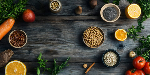 Healthy organic food ingredients on rustic wooden background