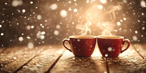Warm red mugs filled with hot drink standing on a snowy wooden surface, surrounded by softly falling snowflakes and glowing winter light, evoking a cozy seasonal mood
