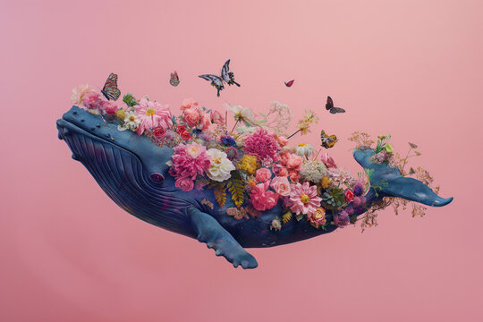 A pastel, colorful, illustrated whale-fish adorned with flowers sails through the sky a soft, abstract, elegant, pink water creature.