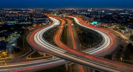 Fototapeta premium Aerial View Of Night Road Traffic In City