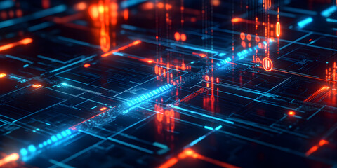 Obraz premium Abstract close-up of a digital circuit or network interface with neon red and blue glowing lines, binary code and dynamic data flows, evoking a high-tech cyber environment