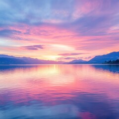 Serene lake landscape reflecting a pastel dawn sky over distant mountains