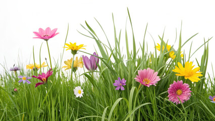 A vibrant array of wildflowers in various colors, including pink, purple, yellow, and white, surrounded by lush green grass. The flowers are scattered throughout the grass