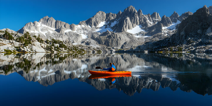 Person paddling orange kayak on a calm mountain lake with dramatic snowy peaks reflected in the water, surrounded by rocky terrain and evergreen trees under a clear blue sky - Powered by Adobe