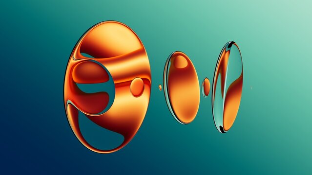 3d rendered oval glass shapes floating over a gradient background. Round glass lenses. Abstract minimalist wallpaper