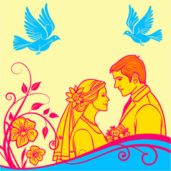 Romantic Wedding Invitation Design with Soft Neutral Colors, Hand-Drawn Couple, Florals, and Doves