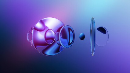 3d rendering of round glass shapes with reflective surface floating on air. Futuristic abstract...