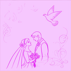 Romantic Wedding Invitation Design with Soft Neutral Colors, Hand-Drawn Couple, Florals, and Doves