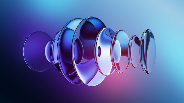 3d rendering. Abstract futuristic background featuring round lenses. Modern aesthetic concept, in shades of blue and purple