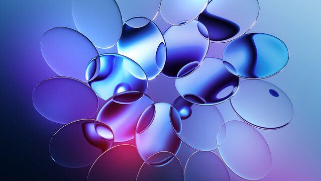 3d rendered oval glass shapes with reflective surface, floating on air. Futuristic abstract composition depicting clear crystals