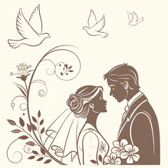 Romantic Wedding Invitation Design with Soft Neutral Colors, Hand-Drawn Couple, Florals, and Doves