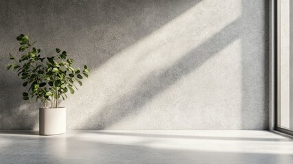 Obraz premium Potted plant against a textured concrete wall with sunlit shadows falling.