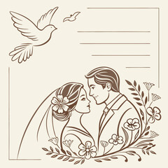 Romantic Wedding Invitation Design with Soft Neutral Colors, Hand-Drawn Couple, Florals, and Doves