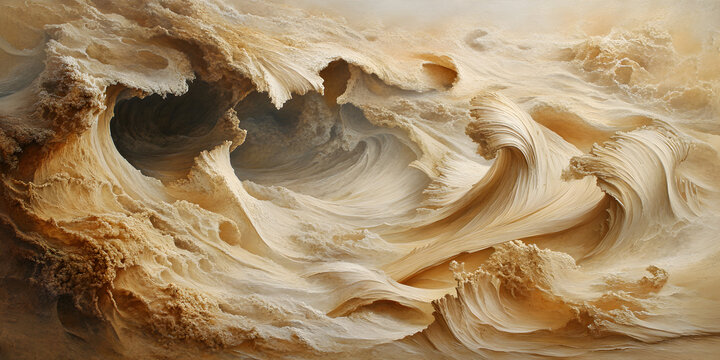 Organic wave-like formations in warm sand tones resembling flowing dunes or wood grain, with intricate textures and natural rhythm in a surreal artistic composition