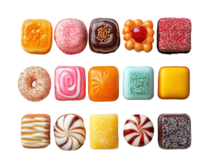 Colorful candy assortment display sweet treats food top view. Isolated on transparent background, png.