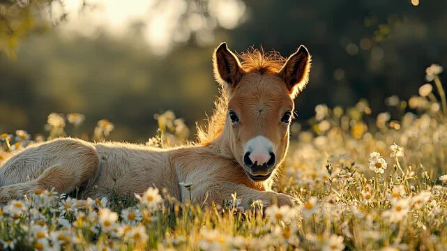 Cute foal resting in a field of flowers during golden hour at a farm in spring