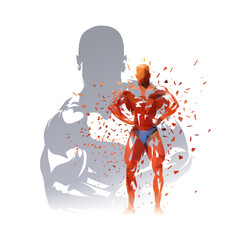 Bodybuilding collage, double exposure of posing bodybuilders, isolated low poly vector illustration with dispersion effect. Sports clip art