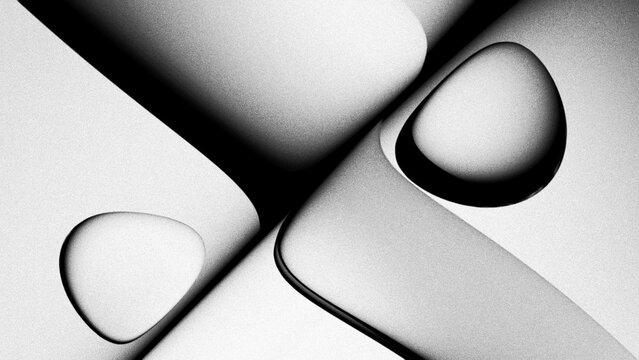 Abstract background. Modern minimalist design featuring smooth, wavy shapes in black and white, creating a sense of depth and fluidity. 3d rendering of a grainy gradient refracted in glass