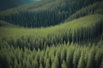 Green pine forest in mountain summer with a view from above.Spring birch groves with beautiful texture.
