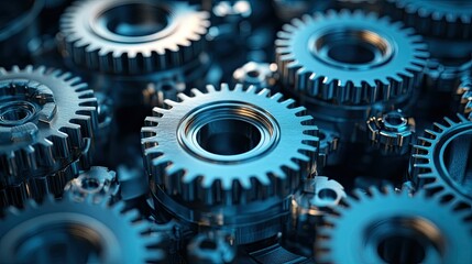 Series of interconnected gears turning, driving productivity and process efficiency. -