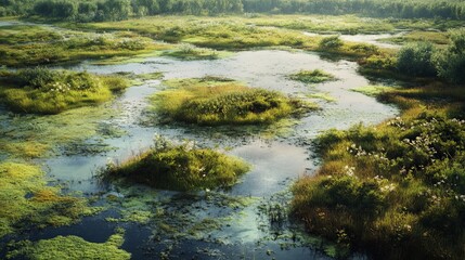 Naklejka premium Tranquil green marsh landscape with lush vegetation and calm water bog day view area swamp grass