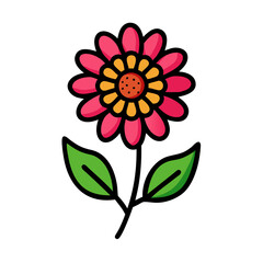 Pink Flower Icon with Green Leaves on Black