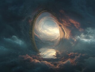 Obraz premium A surreal portal framed by an ornate border, swirling with clouds and light, hinting at another dimension or a dreamscape. 