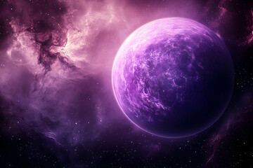 Vibrant purple planet amidst a cosmic nebula.