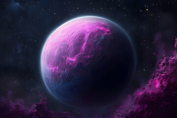 Pink alien planet surrounded by nebulae in deep space.