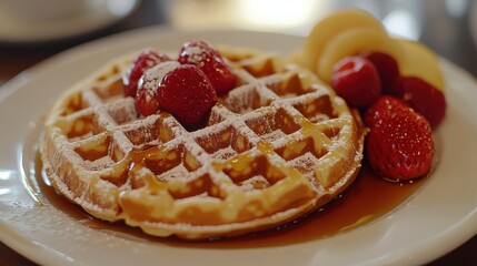 Indulgent waffles topped with fresh strawberries and syrup served at a cozy breakfast table