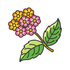 Cartoon lantana flower with green leaves illustration art