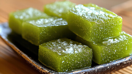 Green jelly like dessert with sugar crystals top, served plate