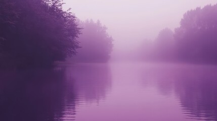 Fototapeta premium Misty purple river winding through a tranquil forest.