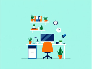 Flat Design Home Office Workspace with Plants and Computer-Minimalist flat vector of a cozy home office desk with a computer, chair, desk lamp, plants, and wall shelves. Ideal for design,productivity