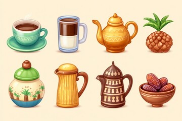 Pixel Art Food and Drink Set Coffee, Tea, Dates, and Pineapple