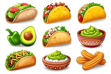 Pixel Art of Mexican Food Tacos, Guacamole, Churros and Avocados