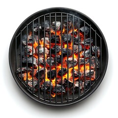 A round grill with burning coals, top view, on a white background
