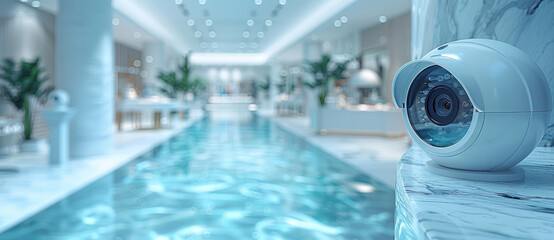 focus on CCTV camera in white and blue color theme,