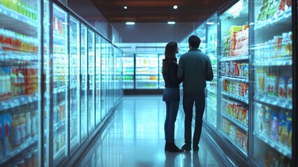 Fototapeta premium A couple shops in a modern supermarket aisle filled with refrigerated drinks.